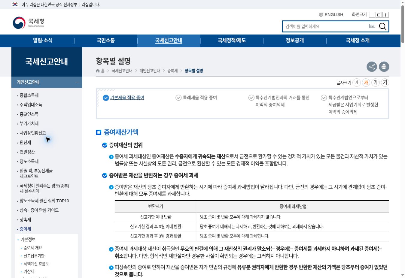 국세청 증여재산가액 항목별 설명 실제 화면